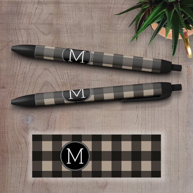 Rustic Linen Black Buffalo Plaid Pattern Monogram Pen (Personalized Writing Pens)