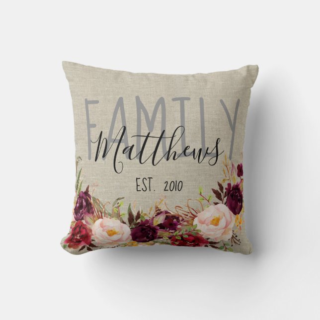 Rustic Linen Burgundy Floral Family Name Keepsake Throw Pillow (Front)