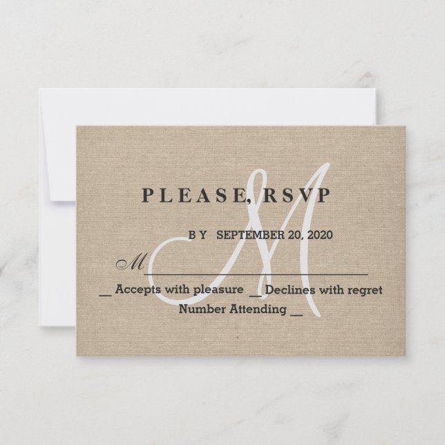 Rustic Linen Canvas Wedding Monogram Initial RSVP (Front)