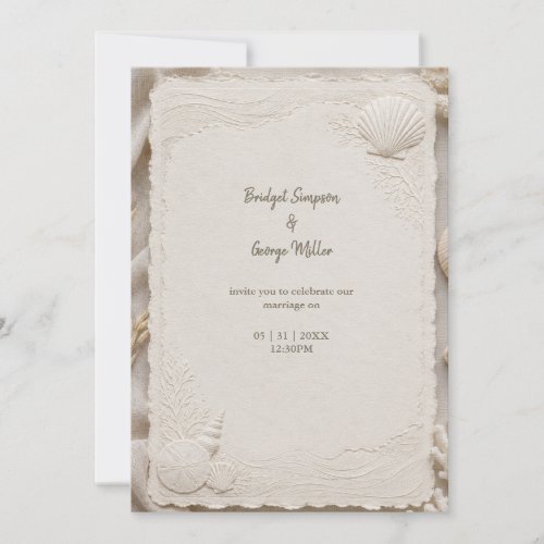 Rustic Linen Coastal Wedding Seashells Invitation