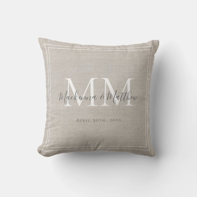 Rustic Linen Elegant Monogram Wedding Keepsake Throw Pillow (Front)