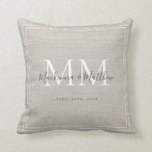 Rustic Linen Elegant Monogram Wedding Keepsake Throw Pillow