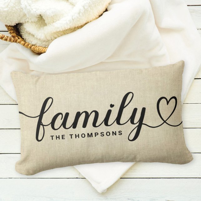 Rustic Linen Family Heart Script Monogram Lumbar Pillow (Creator Uploaded)