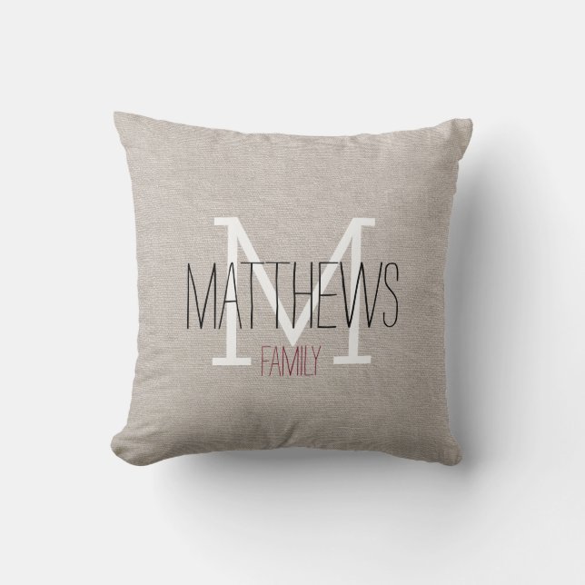 Rustic Linen Family Monogram Throw Pillow (Front)