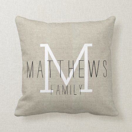 Rustic Linen Family Monogram Throw Pillow