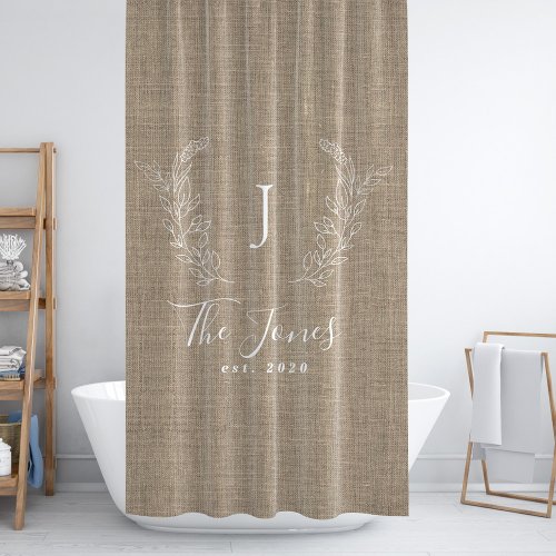 Rustic linen farmhouse style family monogrammed shower curtain