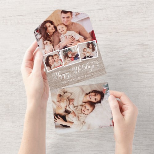 Rustic Linen  Happy Holidays Script Multiphoto All In One Invitation