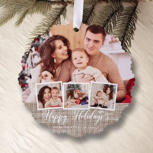 Rustic Linen & Happy Holidays Script Multiphoto Ornament Card