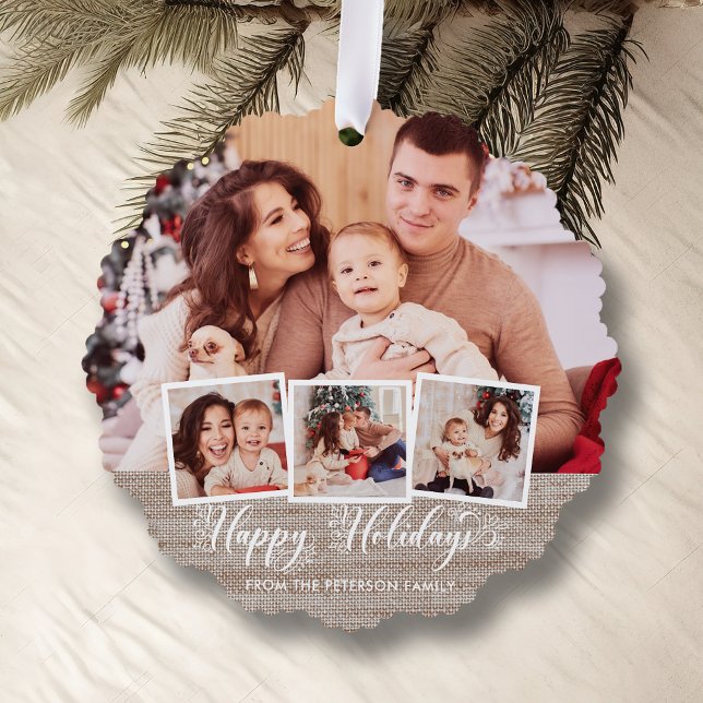 Rustic Linen & Happy Holidays Script Multiphoto Ornament Card (Creator Uploaded)