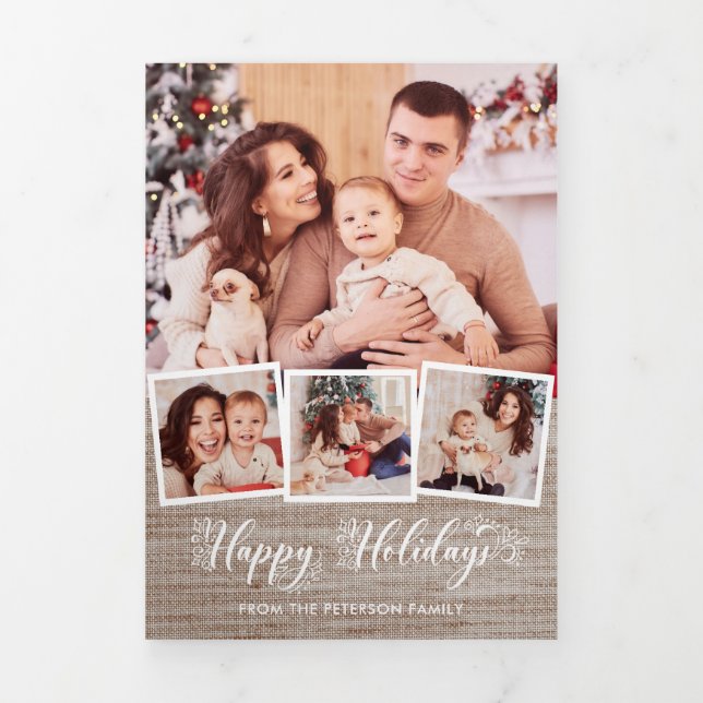 Rustic Linen & Happy Holidays Script Multiphoto Tri-Fold Card (Cover)