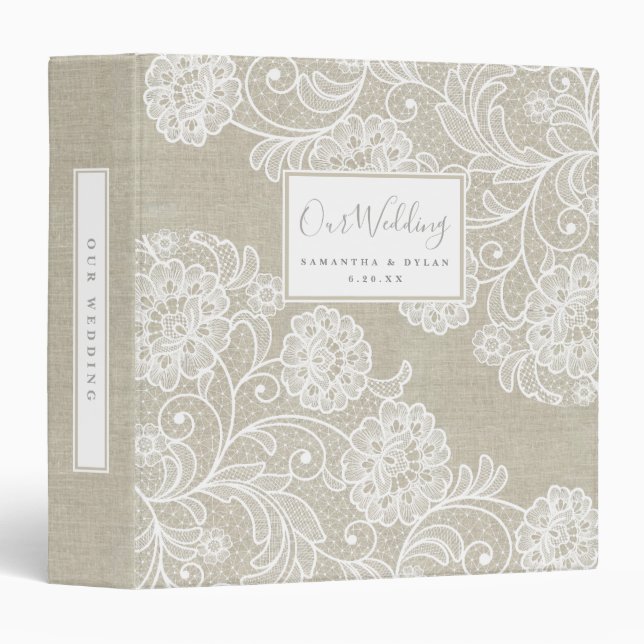 Rustic Linen + Lace Wedding Planner 3 Ring Binder (Front/Spine)