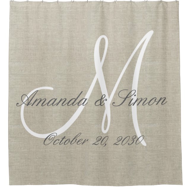 Rustic Linen Look and White Monogram Wedding Shower Curtain (Front)