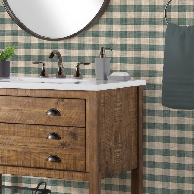 Rustic Linen Look Buffalo Check Plaid Blue n Tan Wallpaper (rustic masculine mountain lodge cabin styled buffalo check plaid in dusty blue green and creamy tan
)