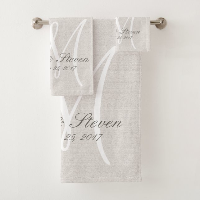 Rustic Linen Look with White Monogram Bath Towel Set (Insitu)