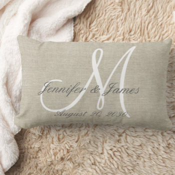 Rustic Linen Look With White Monogram Lumbar Pillow by monogramgallery at Zazzle