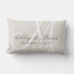 Rustic Linen Look With White Monogram Lumbar Pillow at Zazzle
