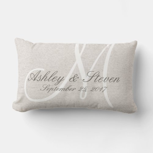 Rustic Linen Look with White Monogram Lumbar Pillow