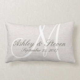 Rustic Linen Look with White Monogram Lumbar Pillow