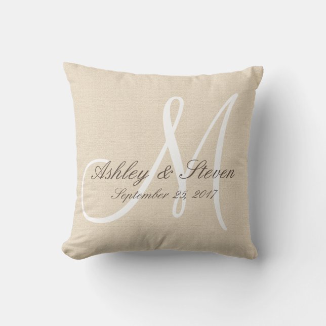 Rustic Linen Look with White Monogram Throw Pillow (Front)
