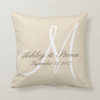 Rustic Linen Look with White Monogram Throw Pillow