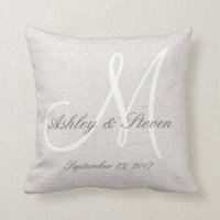 Rustic Linen Look with White Monogram Throw Pillow