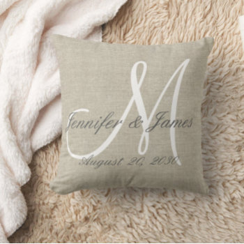 Rustic Linen Look With White Monogram Wedding Throw Pillow by monogramgallery at Zazzle