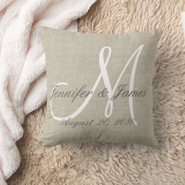 Rustic Linen Look with White Monogram Wedding Throw Pillow (Creator Uploaded)