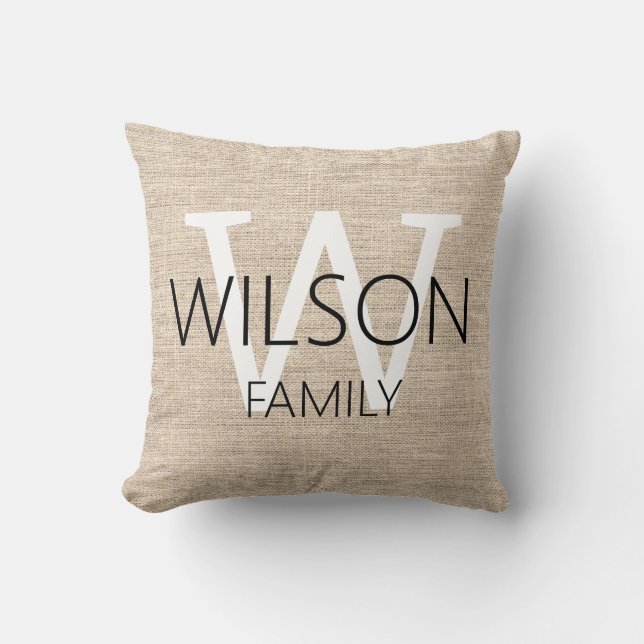 Rustic Linen Monogrammed Family Throw Pillow (Front)