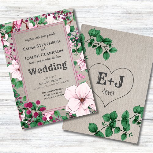 Rustic Linen Pink Floral Green Botanicals Wedding Invitation