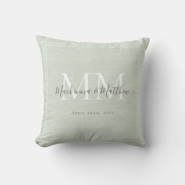Rustic Linen Sage Green Monogram Wedding Keepsake  Throw Pillow (Front)