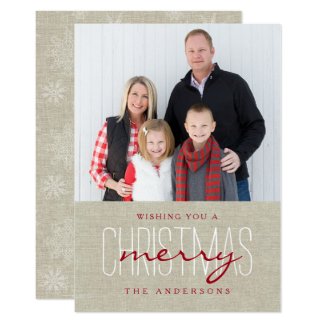 Rustic Linen Simple Merry Christmas Holiday Photo Card