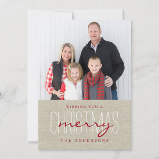 Rustic Linen Simple Merry Christmas Holiday Photo Card