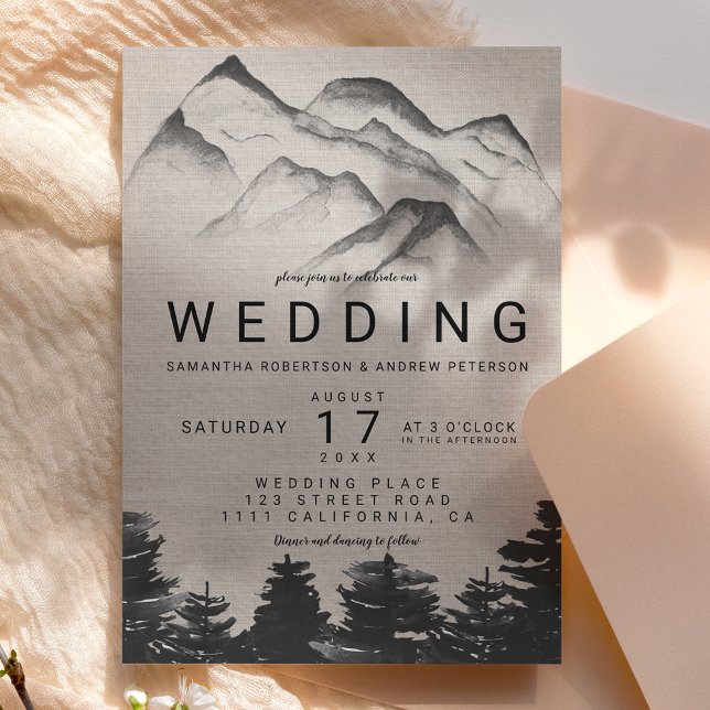 Rustic linen watercolor forest mountains wedding invitation (Creator Uploaded)