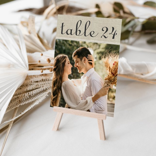 Rustic Linen Wedding Photo Table Number Card (Creator Uploaded)