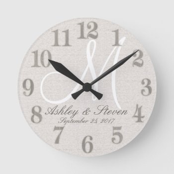 Rustic Linen With White Monogram Round Clock by AZEZcom at Zazzle