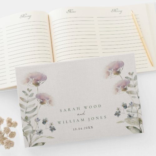 Rustic linen with wild flowers Wedding Guest Book