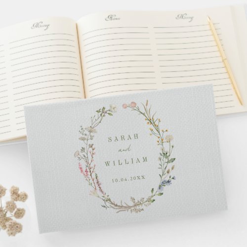 Rustic linen with wild flowers Wedding Guest Book