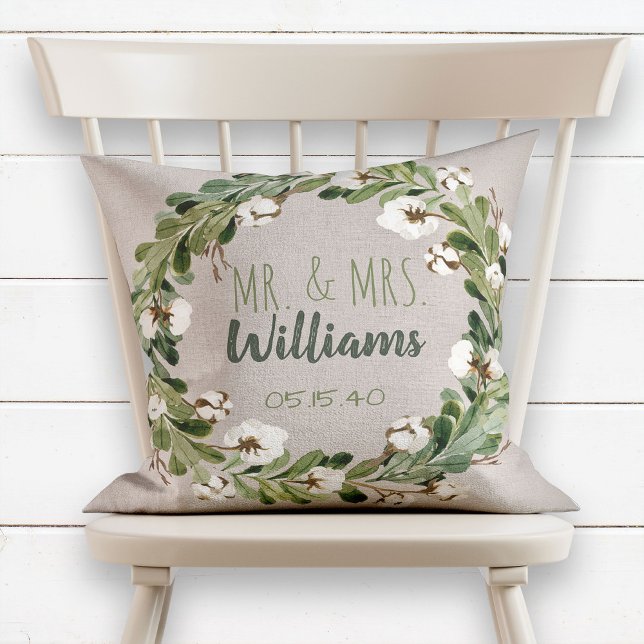 Rustic Linen Wreath Mr & Mrs Wedding Keepsake Throw Pillow (Creator Uploaded)