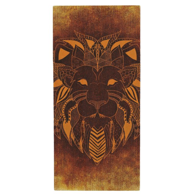 Rustic Lion Head Wood Flash Drive (Front Vertical)