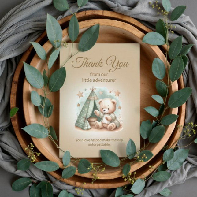 Rustic Little Adventurer Teddy Bear Bear Baby Thank You Card (Thank you from our little adventurer teddy bear baby shower thank you card)