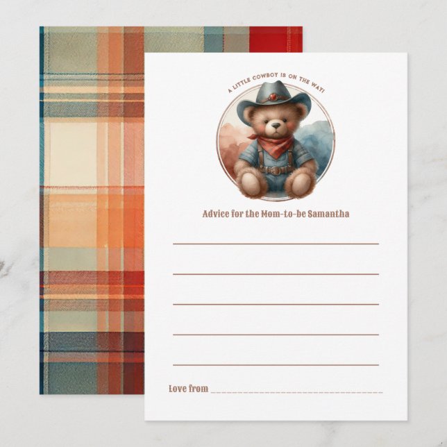 Rustic Little Cowboy Baby Shower Advice Card (Front/Back)