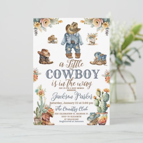 Rustic Little Cowdoy Wild West Boy Baby Shower Invitation