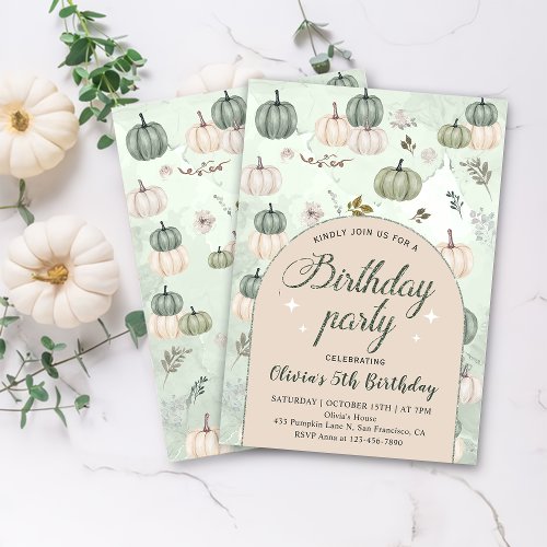 Rustic Little Pumpkin Fall Green Birthday Party Invitation