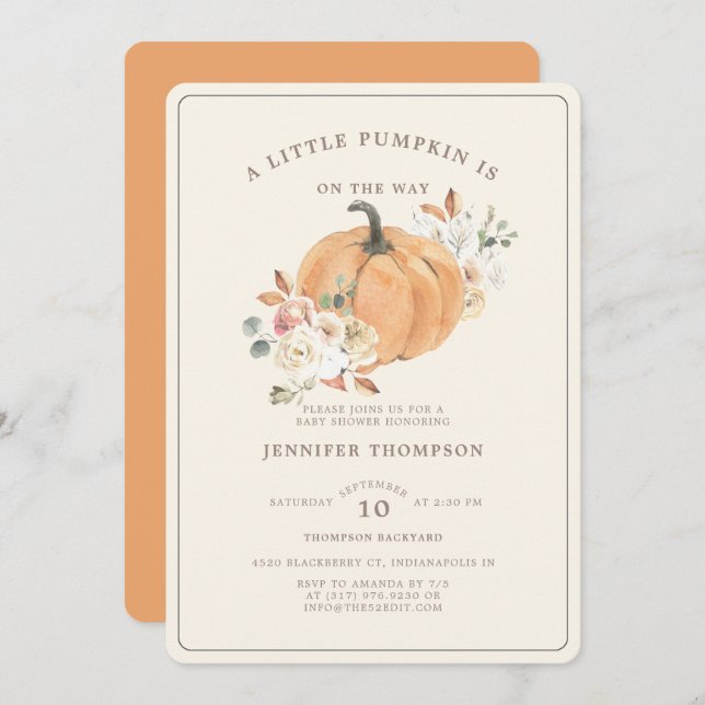 Rustic Little Pumpkin Floral Baby Shower Invitation (Front/Back)