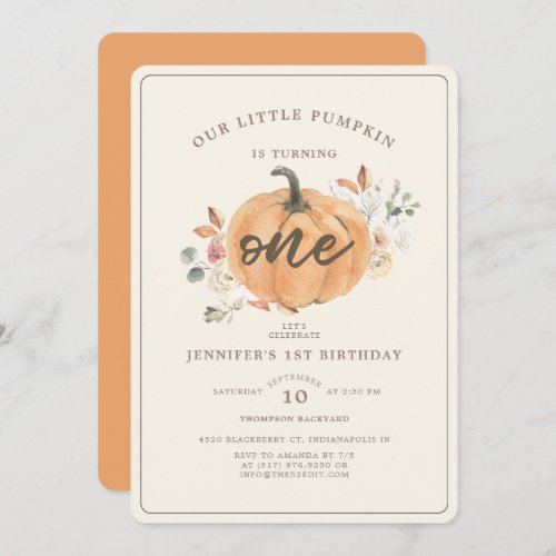 Rustic Little Pumpkin Floral First Birthday Invitation