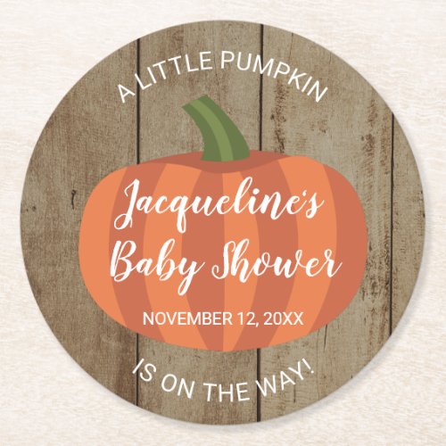 Rustic Little Pumpkin On The Way Fall Baby Shower Round Paper Coaster