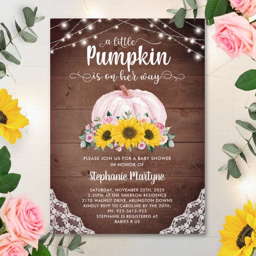 Rustic Little Pumpkin Sunflower Lights Baby Shower Invitation