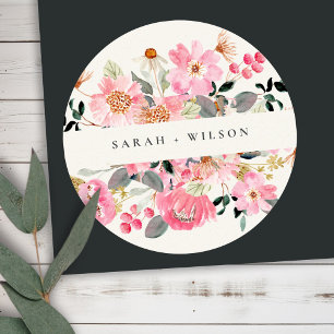 Rustic Lively Blush Pink Watercolor Floral Wedding Classic Round Sticker