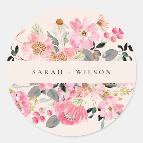 Rustic Lively Blush Pink Watercolor Floral Wedding Classic Round Sticker
