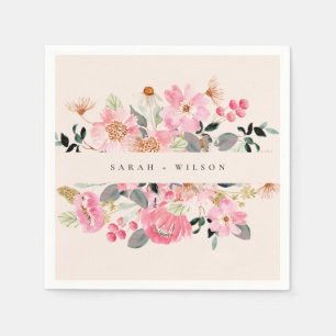 Rustic Lively Blush Pink Watercolor Floral Wedding Napkins
